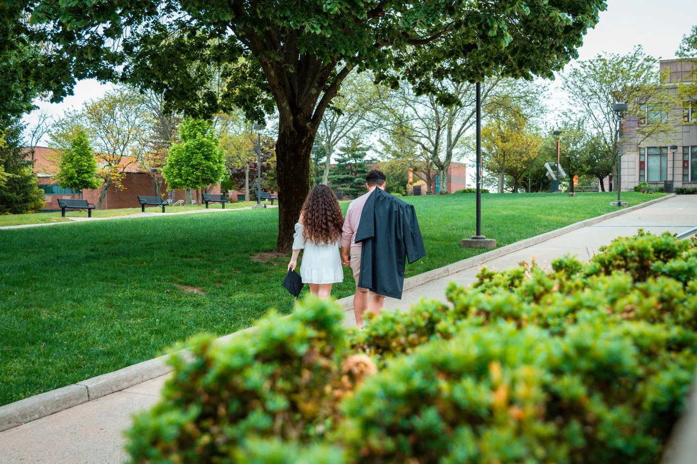 A couple walks hand in hand through a green park, capturing a moment of tranquility and togetherness.